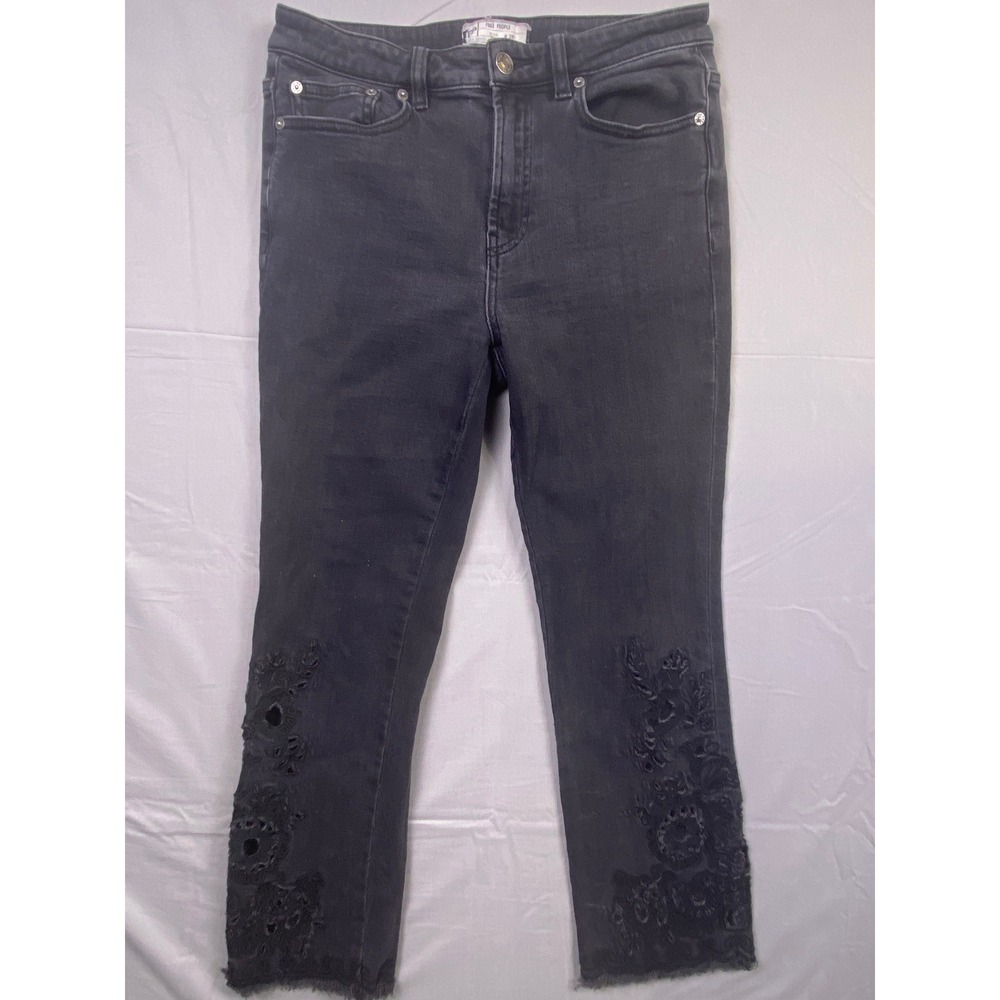 Free People We Embroidered Raw Hem Cropped Jeans Women 28 Black Floral Eyelet